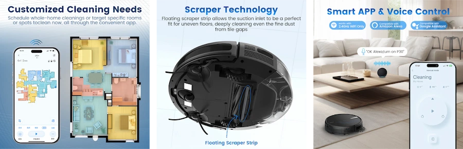 airrobo robot vacuums have features like scraoer technology, voice assistant, and smartphone app