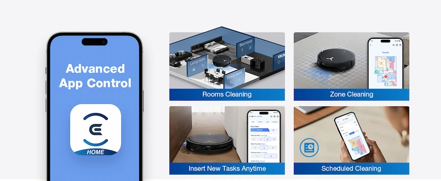 ECOVACS Home app interface controlling DEEBOT features
