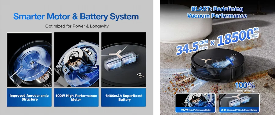 ECOVACS DEEBOT vacuum cleaner showing strong suction on carpet