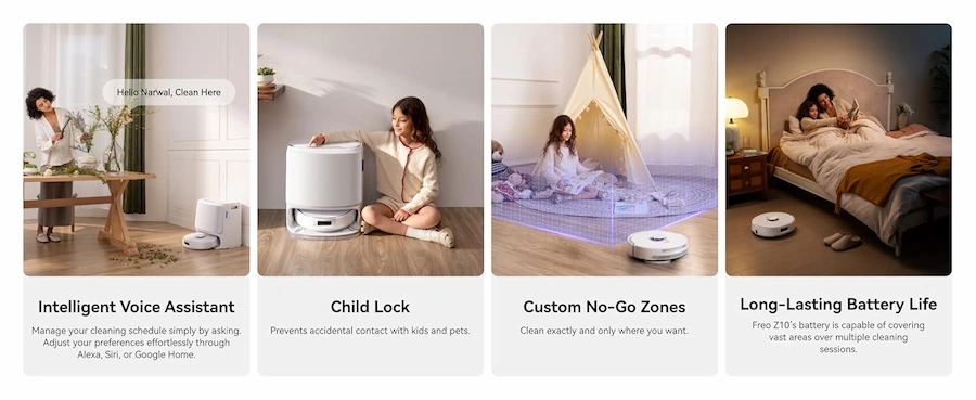 Overview of Narwal’s app-based controls, including voice assistant and no-go zones.